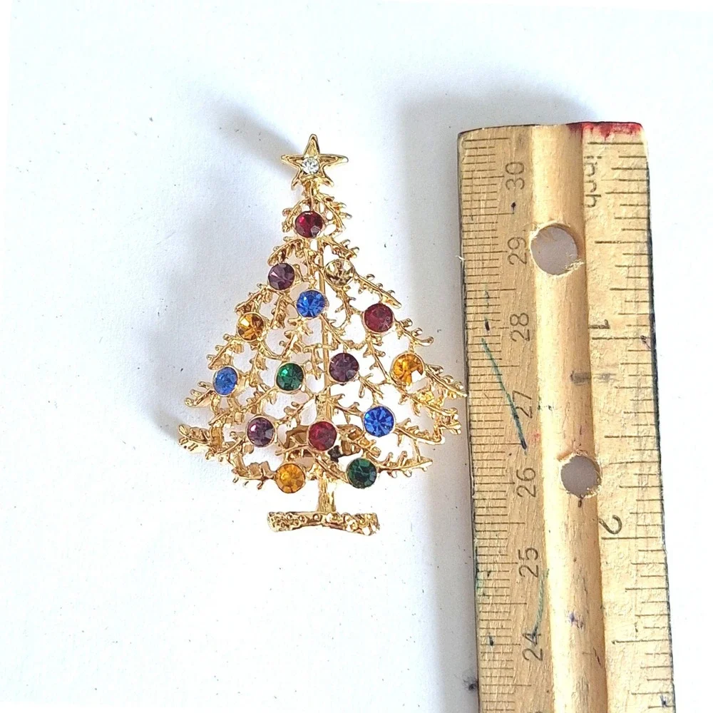 Vintage Gold Tone Eisenberg Ice Christmas Tree Brooch Multi Color Festive